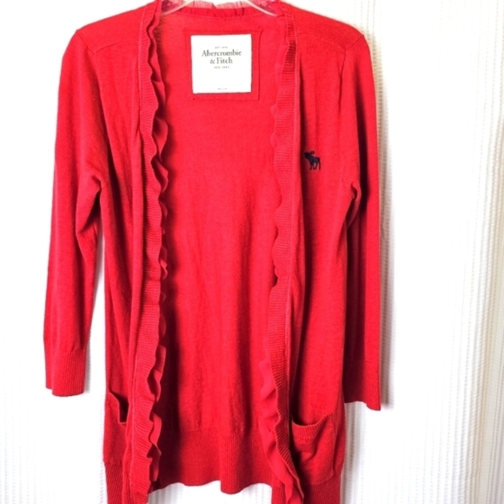 Abercrombie‎ & Fitch Red Ruffle Frill Cardigan Size Large Pockets